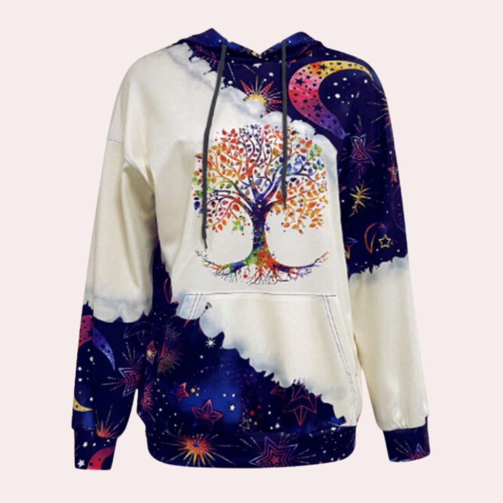 Kleurrijke hoodie met boom- en sterrenprint, unisex, katoenmix, comfortabele pasvorm, ideaal voor casual en streetwear, herfstmode.
