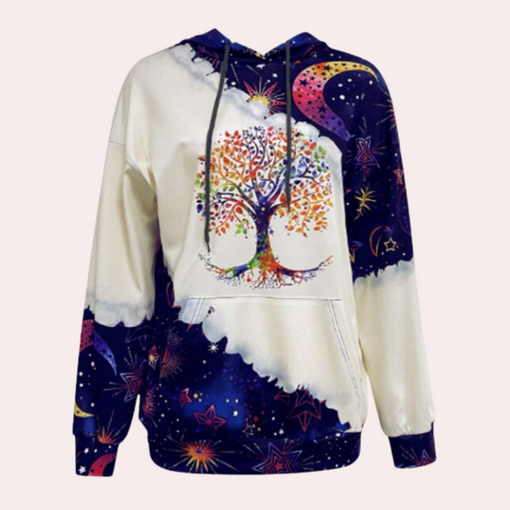 Kleurrijke hoodie met boom- en sterrenprint, unisex, katoenmix, comfortabele pasvorm, ideaal voor casual en streetwear, herfstmode.