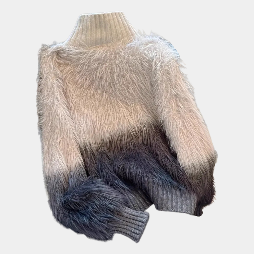 Fluffy damestrui met hoge kraag, grijs-witte ombre, lange mouwen, wintermode, warme gebreide kleding, trendy dameskleding.