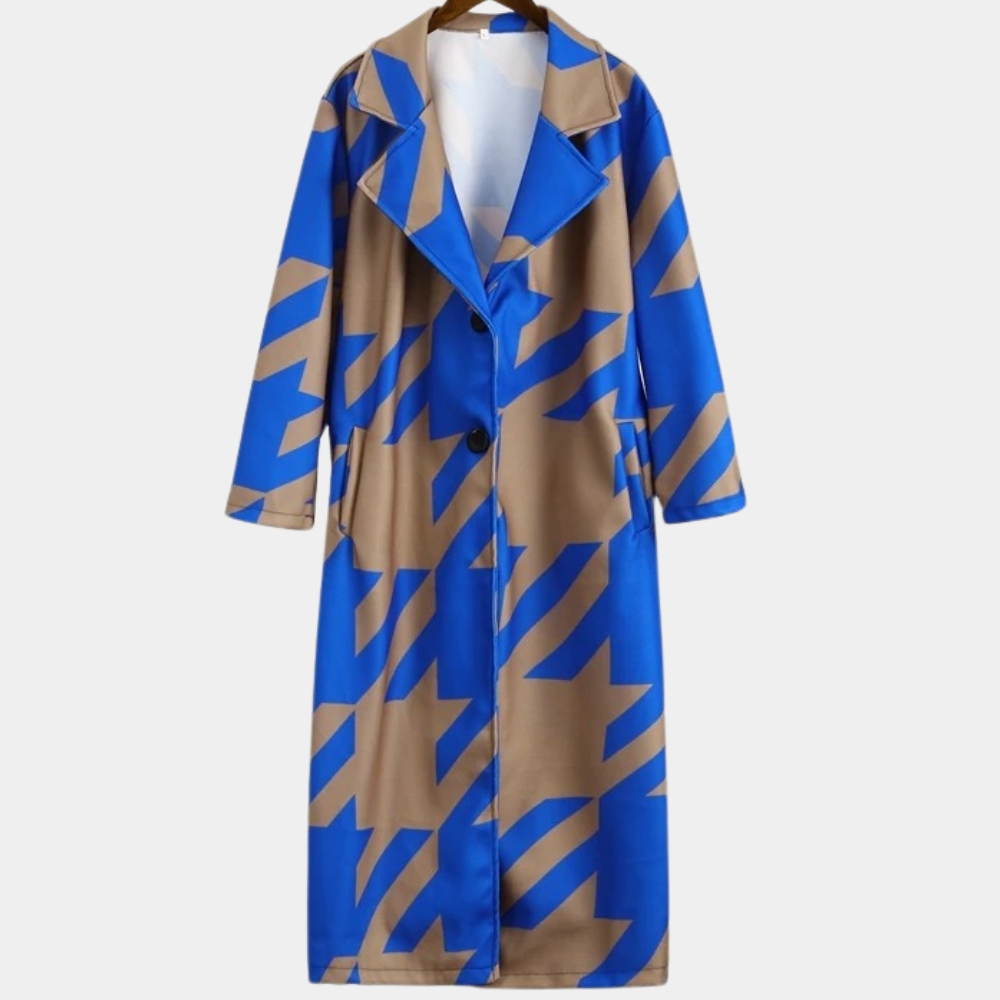Blauwe en bruine lange jas met geometrisch patroon, damesmode, trendy herfst-winterkleding, stijlvolle overjas, modieuze damesjas.