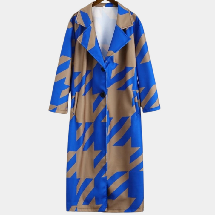 Blauwe en bruine lange jas met geometrisch patroon, damesmode, trendy herfst-winterkleding, stijlvolle overjas, modieuze damesjas.