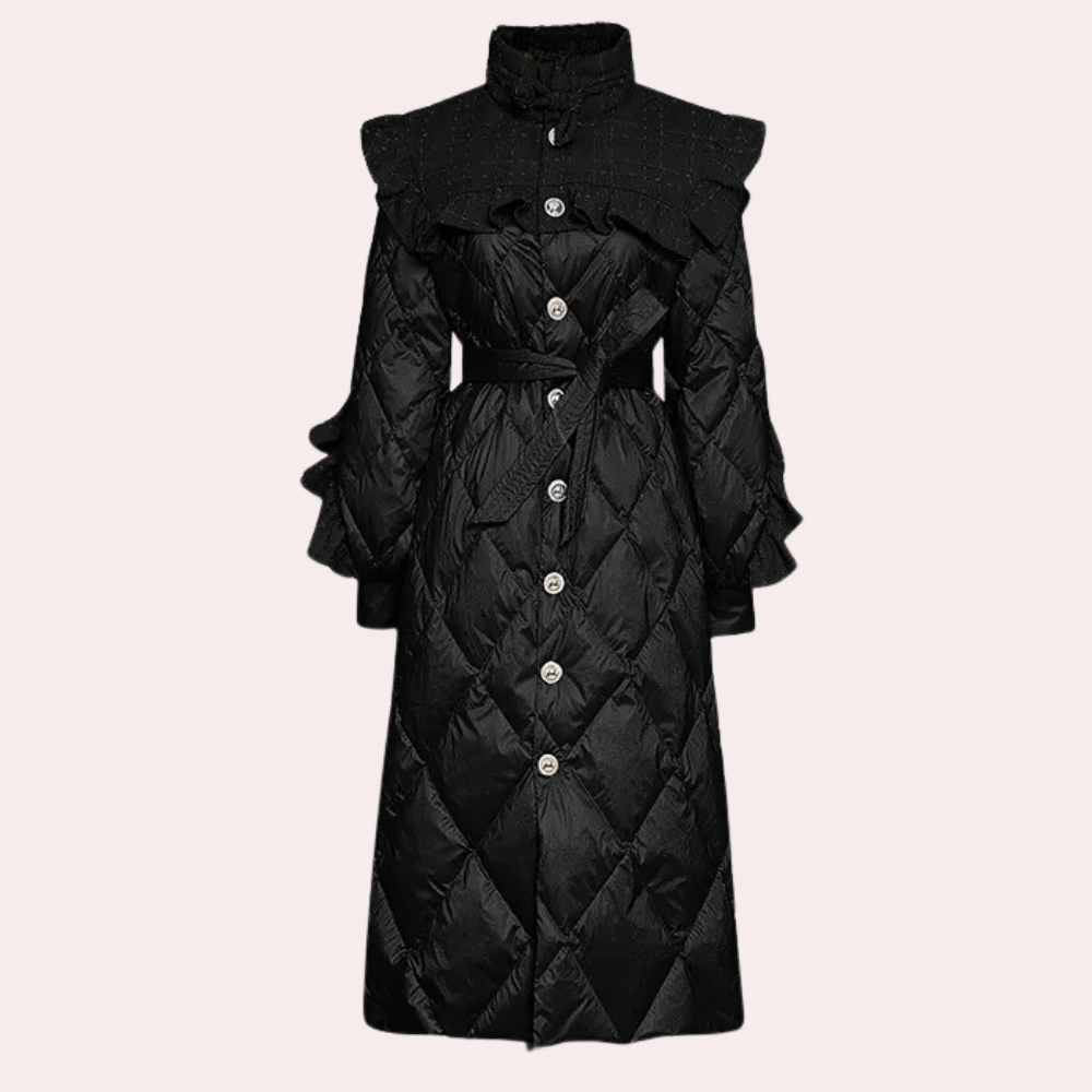 Zwarte gewatteerde damesjas met knopen en riem, lange mouwen met ruches, elegante wintermode, stijlvolle en warme jas voor dames.