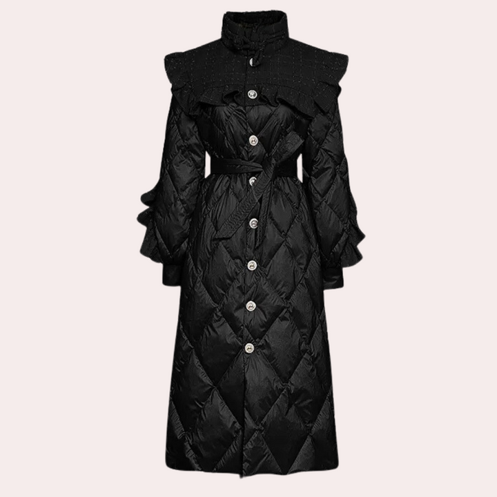Zwarte gewatteerde damesjas met knopen en riem, lange mouwen met ruches, elegante wintermode, stijlvolle en warme jas voor dames.