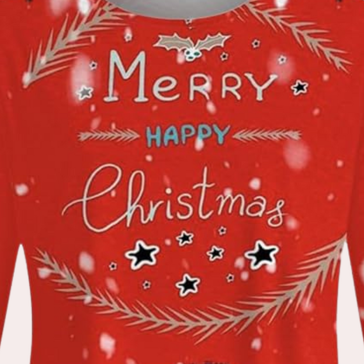 Rode kersttrui met "Merry Christmas" tekst, sneeuwvlokken en sterren. Perfect voor feestdagen, wintermode, kerstcadeau, warme kleding.