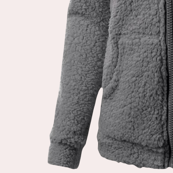 Grijze fleece jas met rits, zachte teddy stof, lange mouwen, casual winterkleding voor dames, comfortabele en warme buitenkleding.