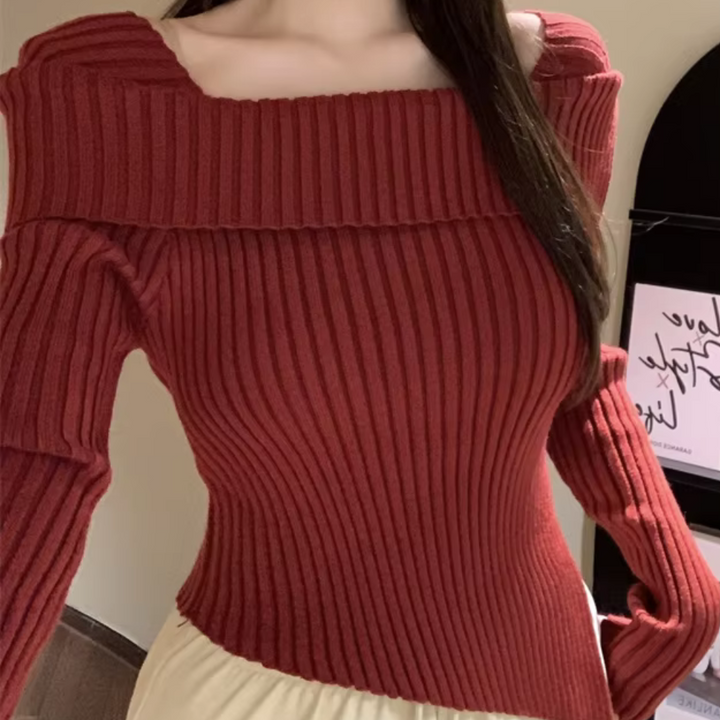 Rode geribbelde off-shoulder trui voor dames, modieuze herfstkleding, stijlvolle en comfortabele pasvorm, ideaal voor casual en chique outfits.