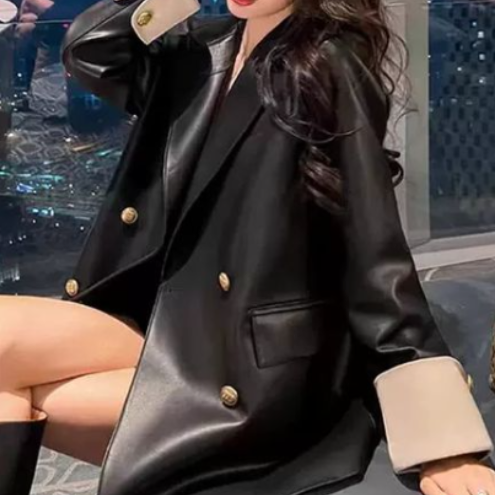Vrouw in zwarte leren jas met gouden knopen, zittend op een bank. Modieuze outfit, trendy stijl, luxe uitstraling, moderne mode.