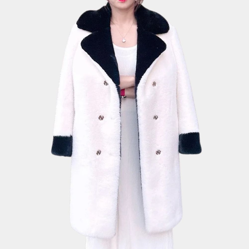 Witte damesjas met zwarte kraag en manchetten, dubbelzijdige knopen, wintermode, elegante stijl, warme kleding, trendy dameskleding.