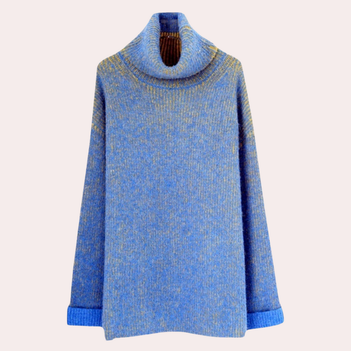 Blauwe coltrui dames, gebreid met lange mouwen, modieuze winterkleding, comfortabele pasvorm, trendy design, warme trui voor koude dagen.