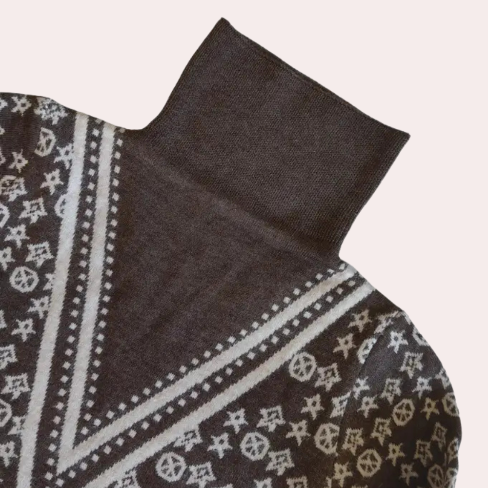 Bruine coltrui met wit geometrisch patroon, luxe design, warme wintermode, stijlvolle dameskleding, hoogwaardige materialen.
