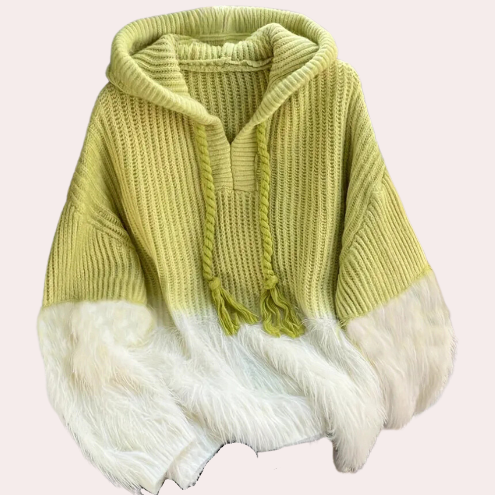 Groene gebreide hoodie met capuchon en witte pluizige onderkant, damesmode, winterkleding, comfortabele oversized trui, trendy streetwear.