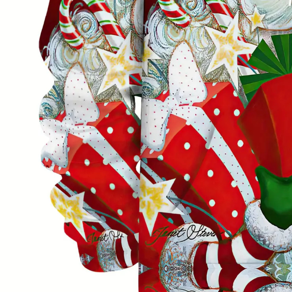 Kerstlegging met kleurrijke print van sterren, snoepstokken en kerstversieringen. Perfect voor feestelijke outfits en wintermode.