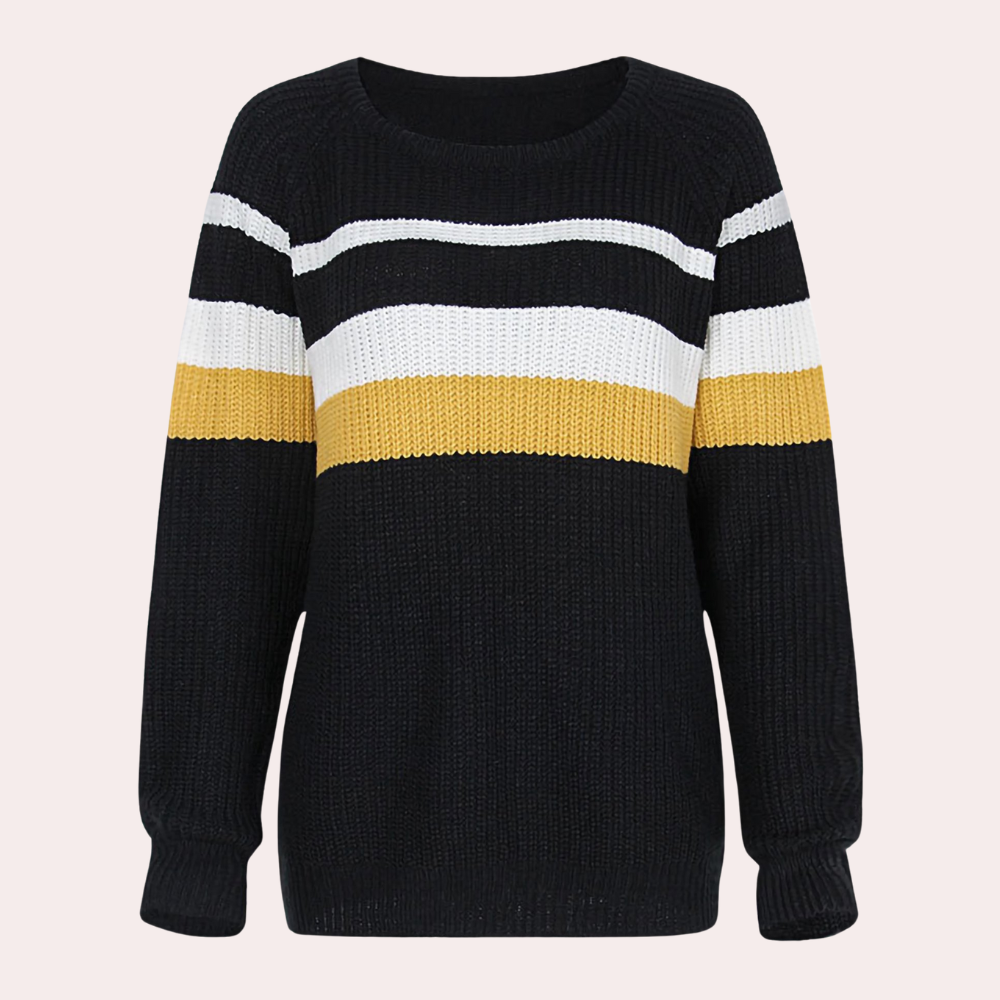Zwart-wit-gele gestreepte trui, damesmode, gebreid, lange mouwen, casual stijl, herfst-winter kleding, comfortabele pasvorm.