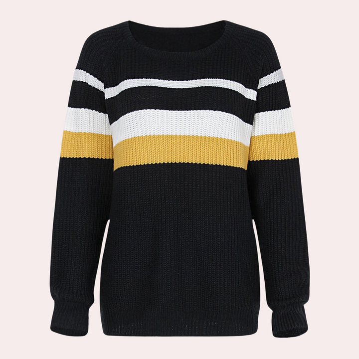 Zwart-wit-gele gestreepte trui, damesmode, gebreid, lange mouwen, casual stijl, herfst-winter kleding, comfortabele pasvorm.