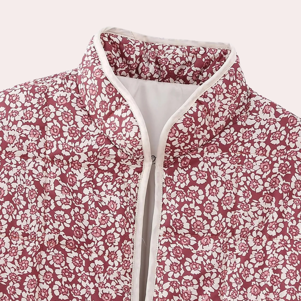Dames gewatteerde jas met bloemenprint, roze en wit, hoge kraag, ritssluiting, modieuze winterjas, comfortabele en warme buitenkleding.