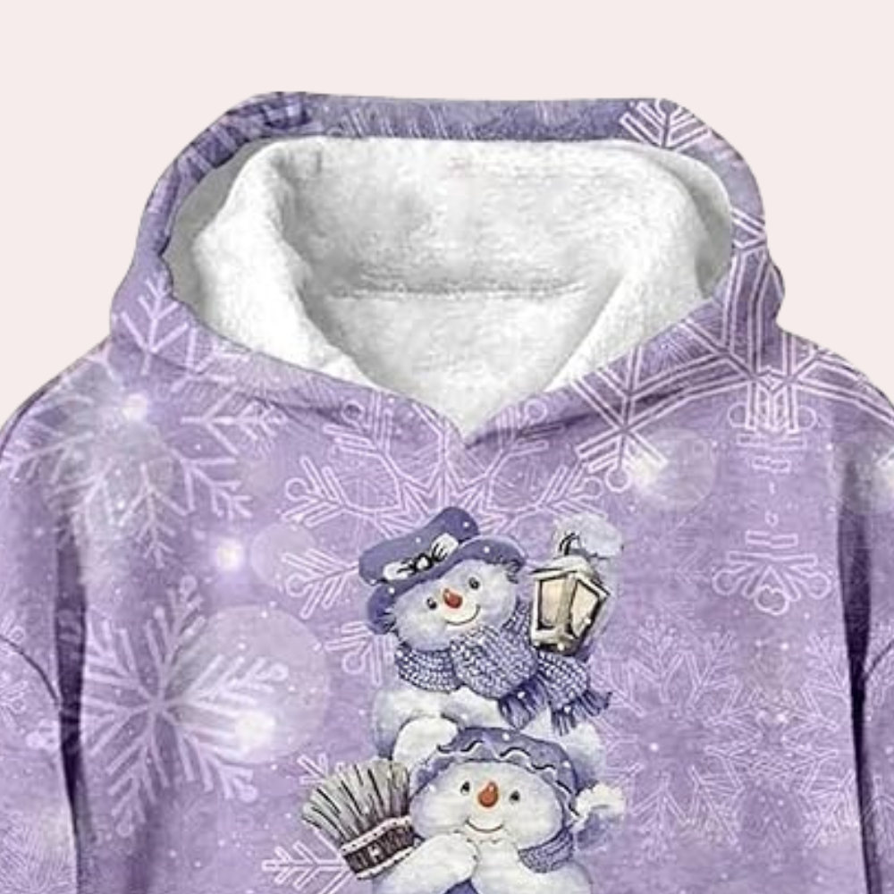 Paarse hoodie met sneeuwpoppenprint, sneeuwvlokken en winterthema. Perfect voor kerstcadeaus en wintermode. Comfortabele en warme kleding.
