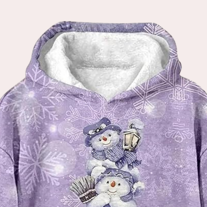 Paarse hoodie met sneeuwpoppenprint, sneeuwvlokken en winterthema. Perfect voor kerstcadeaus en wintermode. Comfortabele en warme kleding.