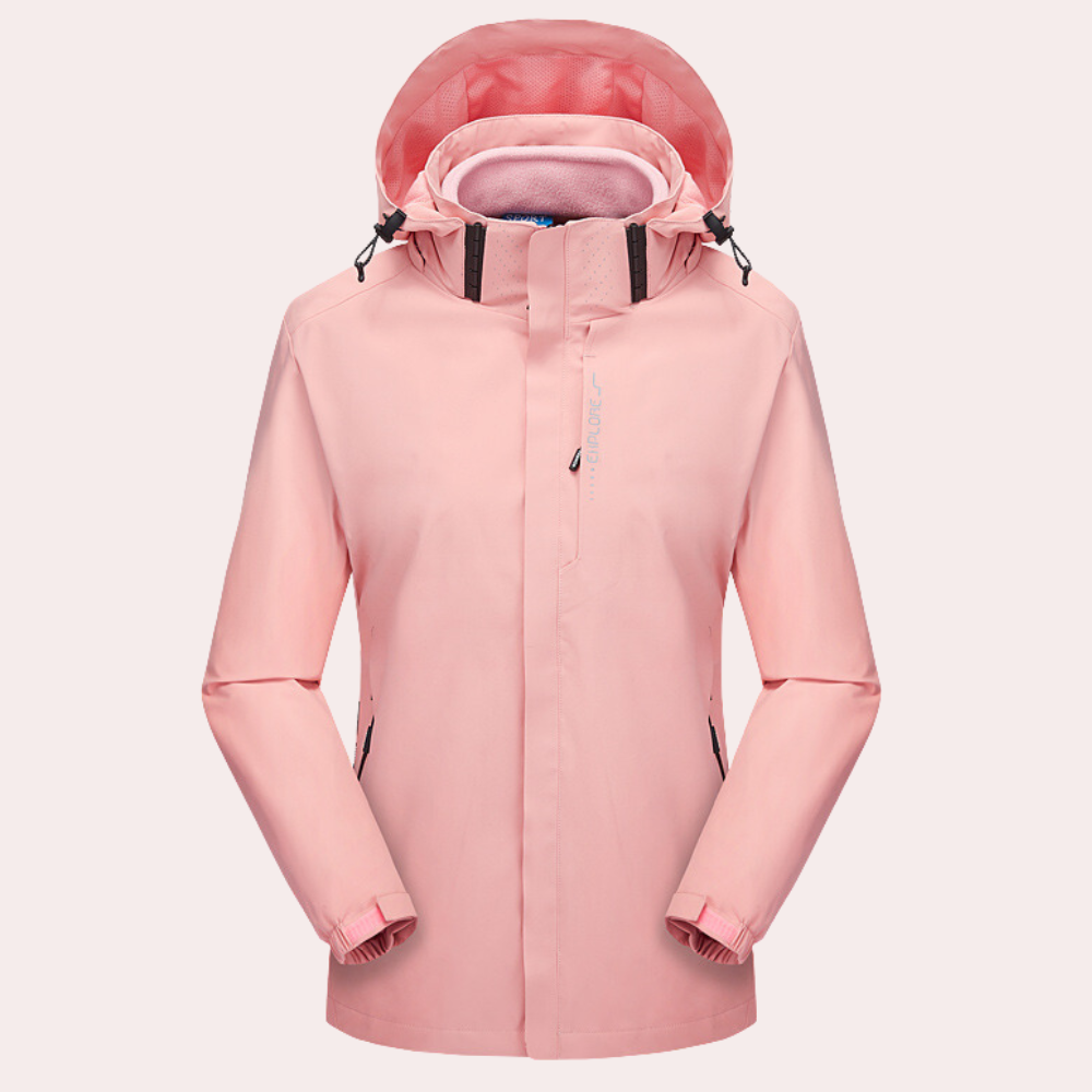 Roze damesregenjas met capuchon, waterdicht en ademend, ideaal voor outdooractiviteiten. Stijlvolle en functionele regenjas voor dames.