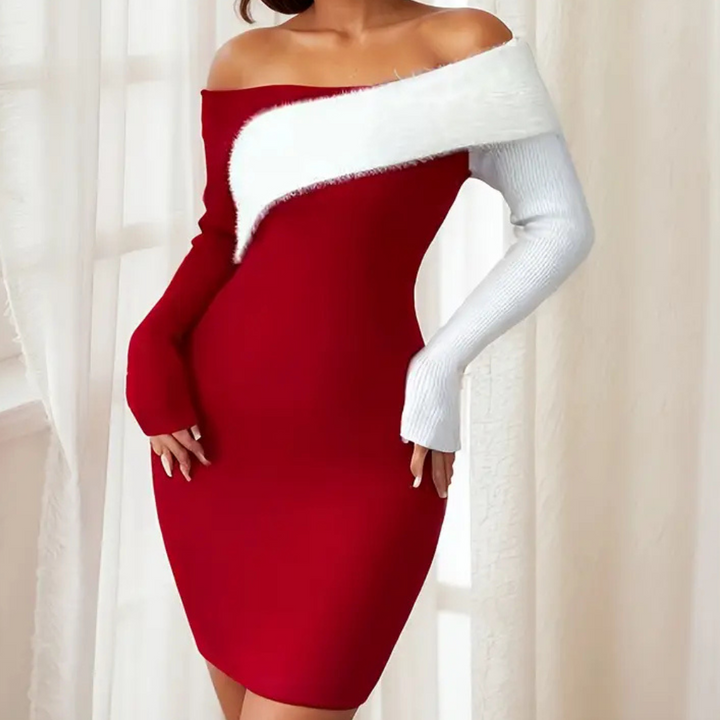 Rode off-shoulder jurk met asymmetrische witte mouw, elegante damesmode, winterkleding, trendy avondjurk, stijlvolle feestjurk.