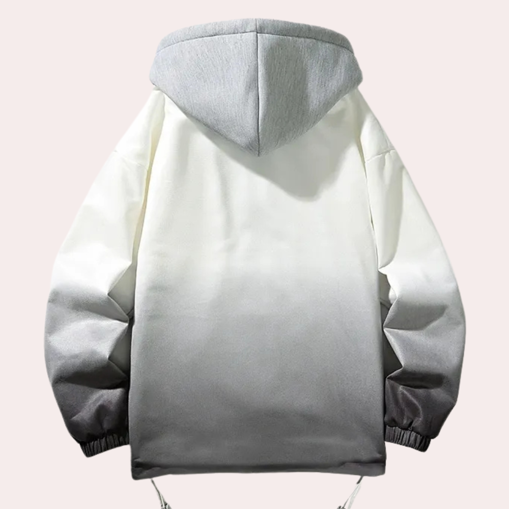 Grijze en witte ombre hoodie met capuchon, unisex design, casual streetwear, lange mouwen, comfortabele pasvorm, trendy mode voor herfst en winter.
