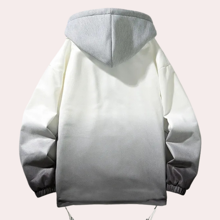 Grijze en witte ombre hoodie met capuchon, unisex design, casual streetwear, lange mouwen, comfortabele pasvorm, trendy mode voor herfst en winter.