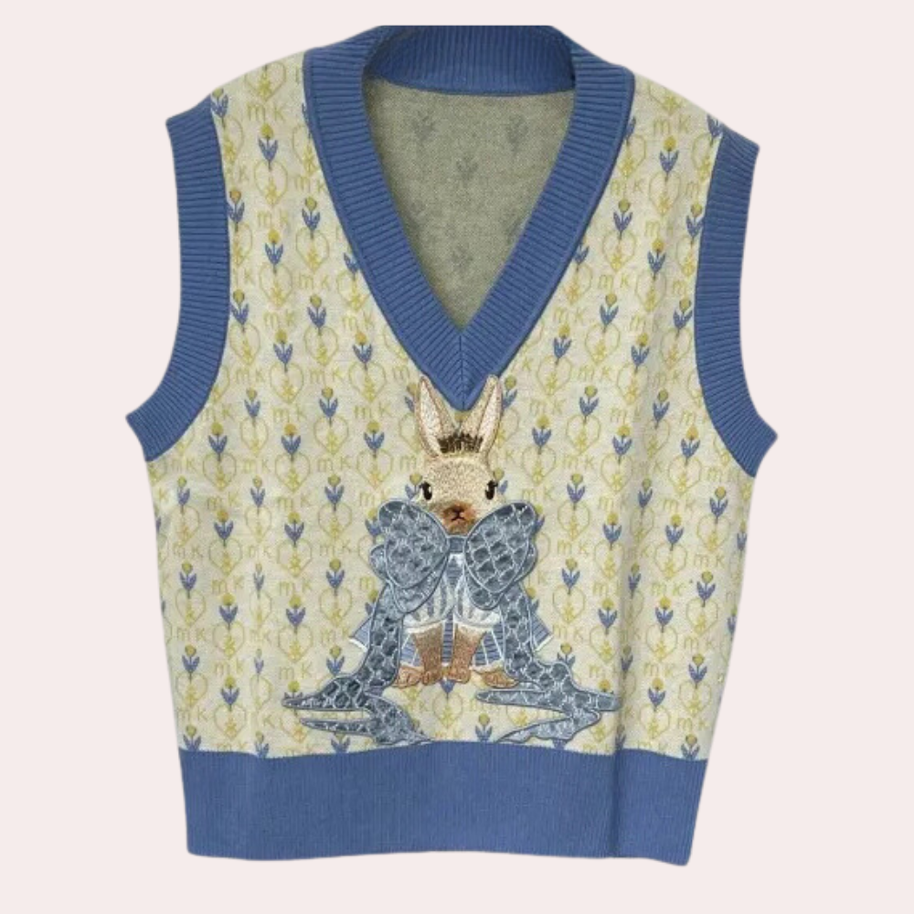 Mouwloos trui met konijnenprint, blauwe V-hals en gebreide details. Perfect voor lente- en zomeroutfits. Trendy damesmode, casual stijl.