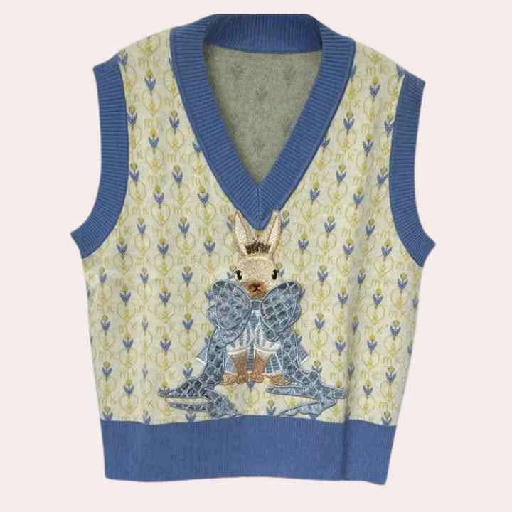 Mouwloos trui met konijnenprint, blauwe V-hals en gebreide details. Perfect voor lente- en zomeroutfits. Trendy damesmode, casual stijl.
