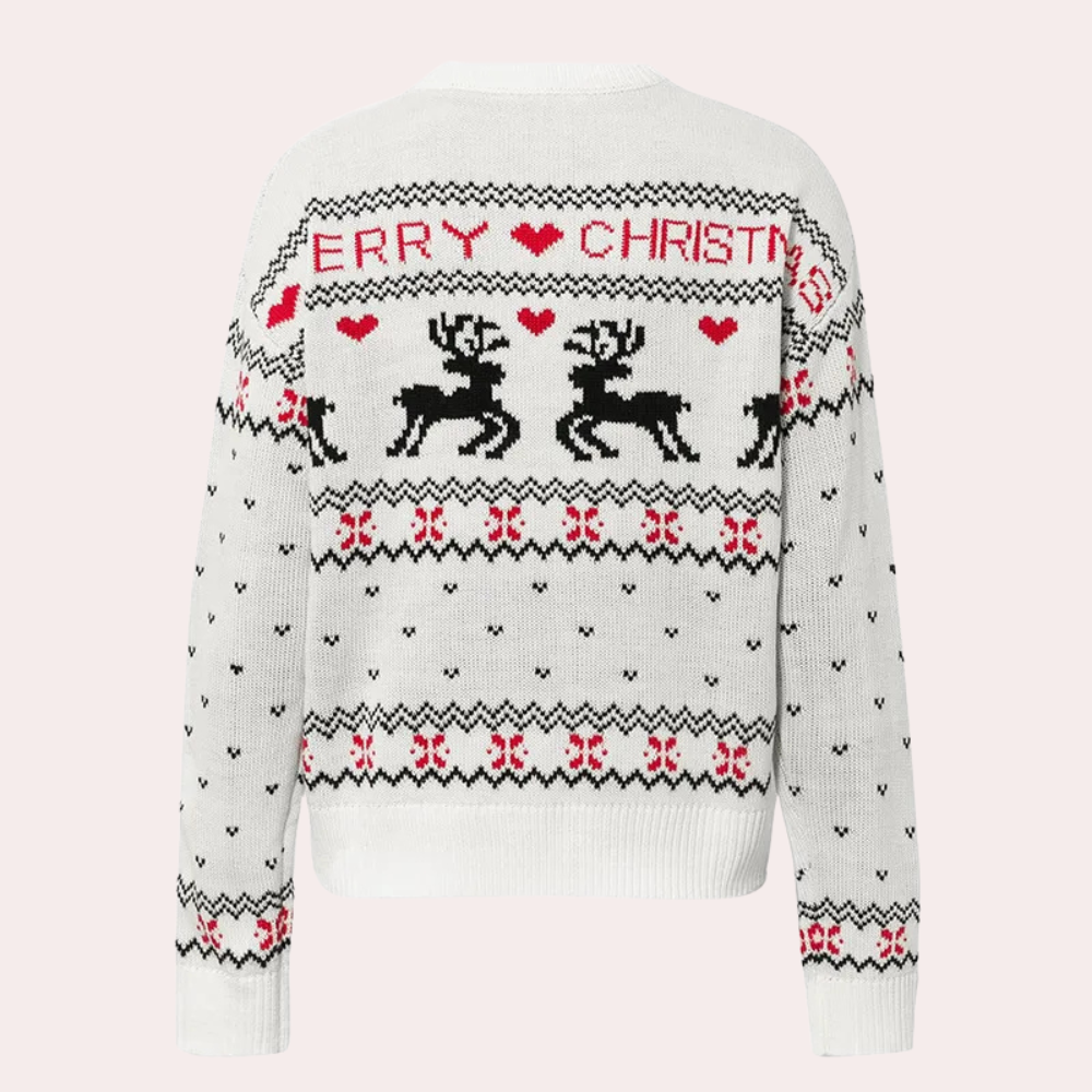 Witte kersttrui met rendieren en "Merry Christmas" tekst, rode en zwarte accenten, ideaal voor feestdagen, wintermode, warme kleding.