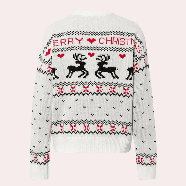 Witte kersttrui met rendieren en "Merry Christmas" tekst, rode en zwarte accenten, ideaal voor feestdagen, wintermode, warme kleding.