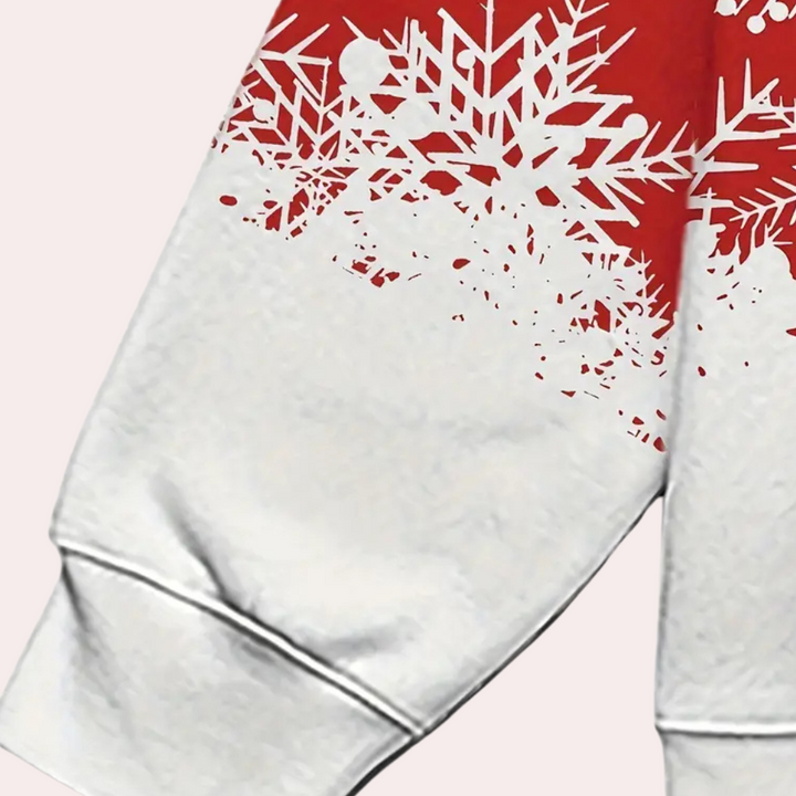 Witte trui met rode sneeuwvlokprint, winterkleding, kerstmode, warme sweater, feestelijke kleding, comfortabele wintertrui, trendy design.