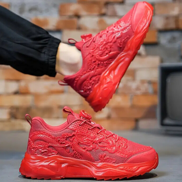 Rode sneakers met drakenmotief, comfortabele sportschoenen voor heren, trendy en stijlvol, perfect voor casual en sportieve outfits.