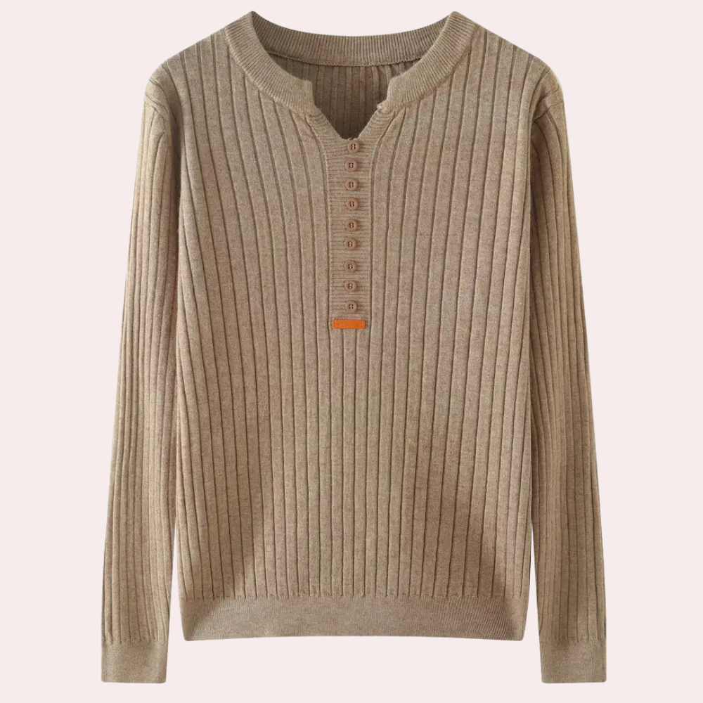 Beige geribbelde trui met knoopsluiting, lange mouwen en ronde hals. Stijlvolle herentrui, perfect voor casual en formele gelegenheden.