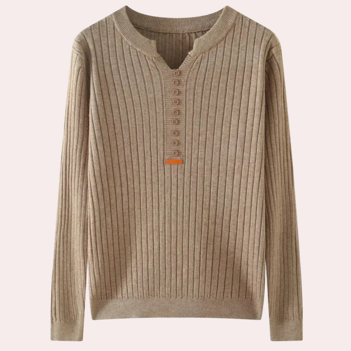 Beige geribbelde trui met knoopsluiting, lange mouwen en ronde hals. Stijlvolle herentrui, perfect voor casual en formele gelegenheden.