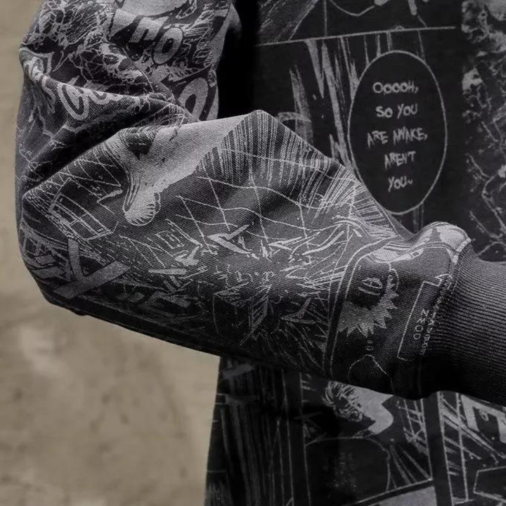 Zwart-wit manga hoodie met gedetailleerde striptekeningen en tekstballonnen, casual streetwear, unisex mode, grafisch ontwerp.