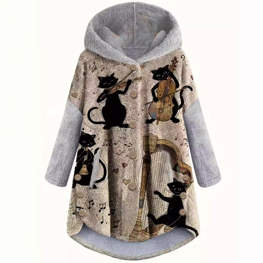 Grijze damesjas met kattenprint, muzieknoten en knopen, lange mouwen, capuchon, casual stijl, warme winterkleding, modieuze dierenmotief.