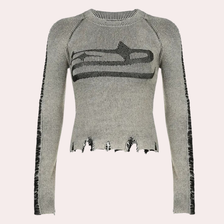 Grijze gebreide trui met lange mouwen, gerafelde zoom en abstract patroon. Modieuze dameskleding, perfect voor casual en trendy outfits.