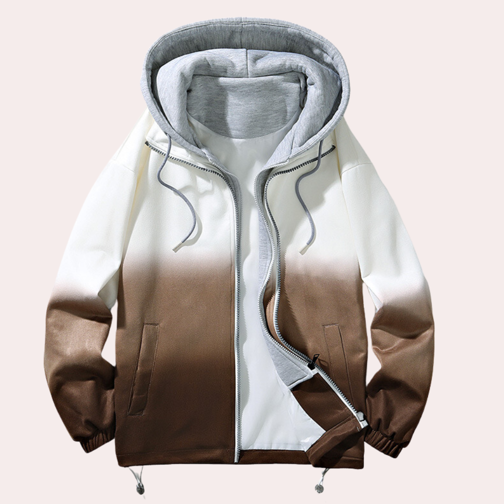Bruin-witte ombre hoodie met ritssluiting en capuchon, unisex design, casual streetwear, comfortabele pasvorm, ideaal voor herfst- en wintermode.