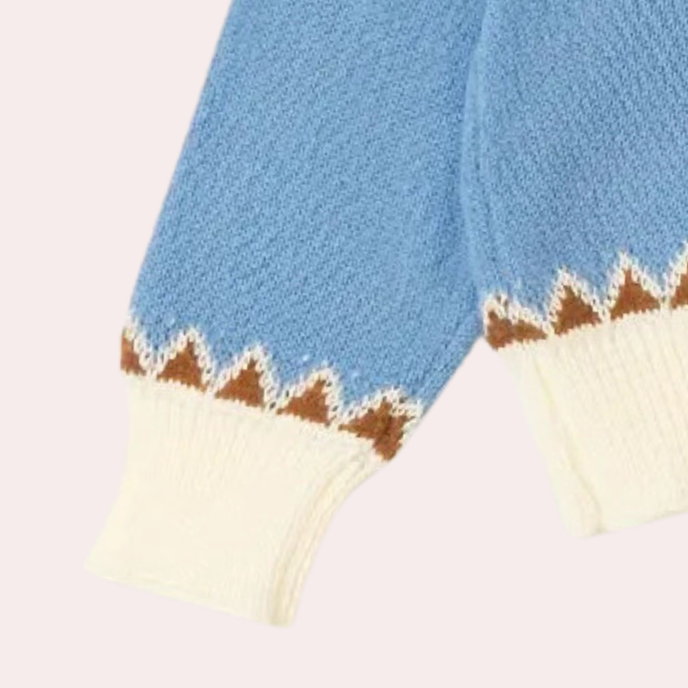Blauwe gebreide trui met witte en bruine zigzagrand, lange mouw, wintermode, dameskleding, warme wollen stof, stijlvolle casual outfit.