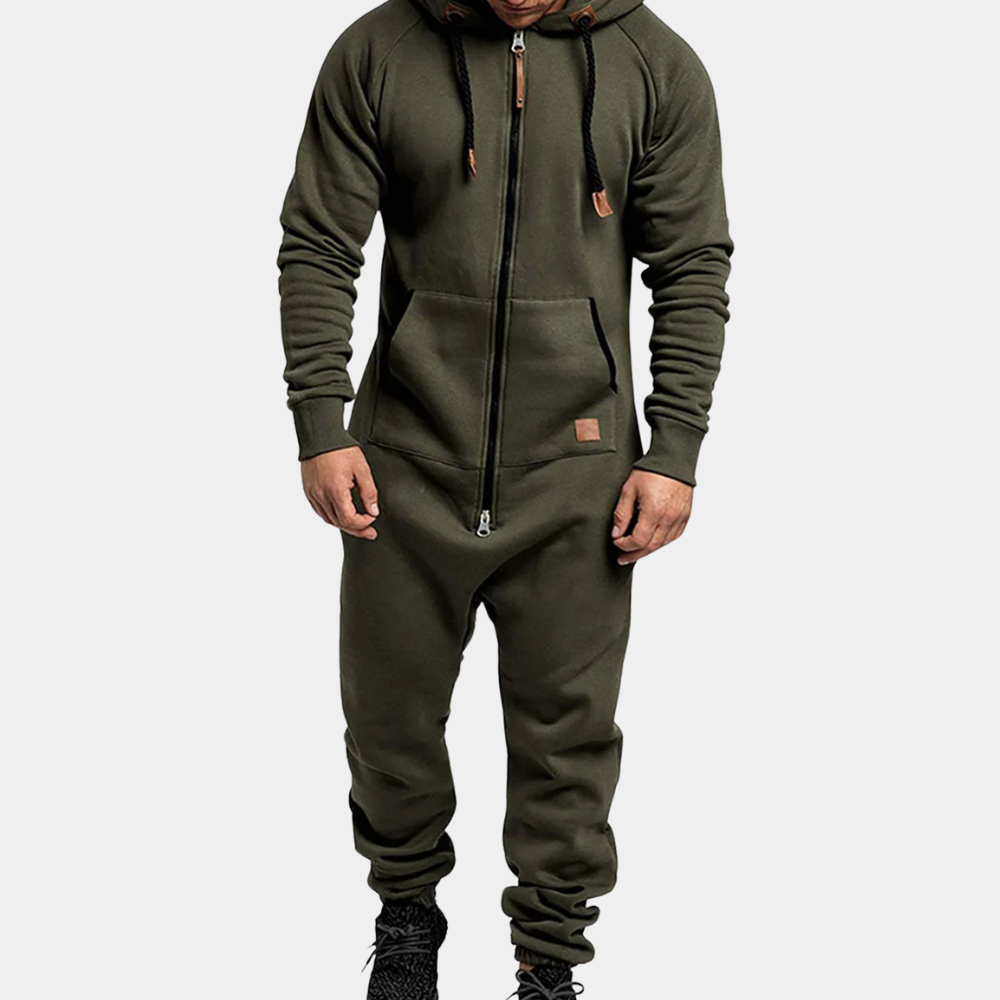 Donkergroene heren joggingpak met capuchon, ritssluiting en zakken. Comfortabel sportkledingontwerp, ideaal voor casual en sportieve activiteiten.