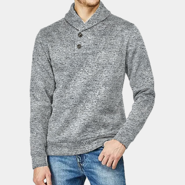 Grijze herentrui met sjaalkraag en knopen, casual stijl, lange mouwen, comfortabele pasvorm, ideaal voor herfst- en wintermode.