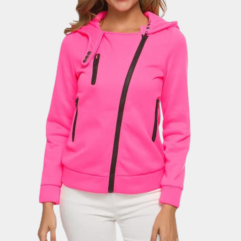 Roze dameshoodie met asymmetrische rits en capuchon, modieuze sportkleding, comfortabele pasvorm, ideaal voor casual en sportieve outfits.