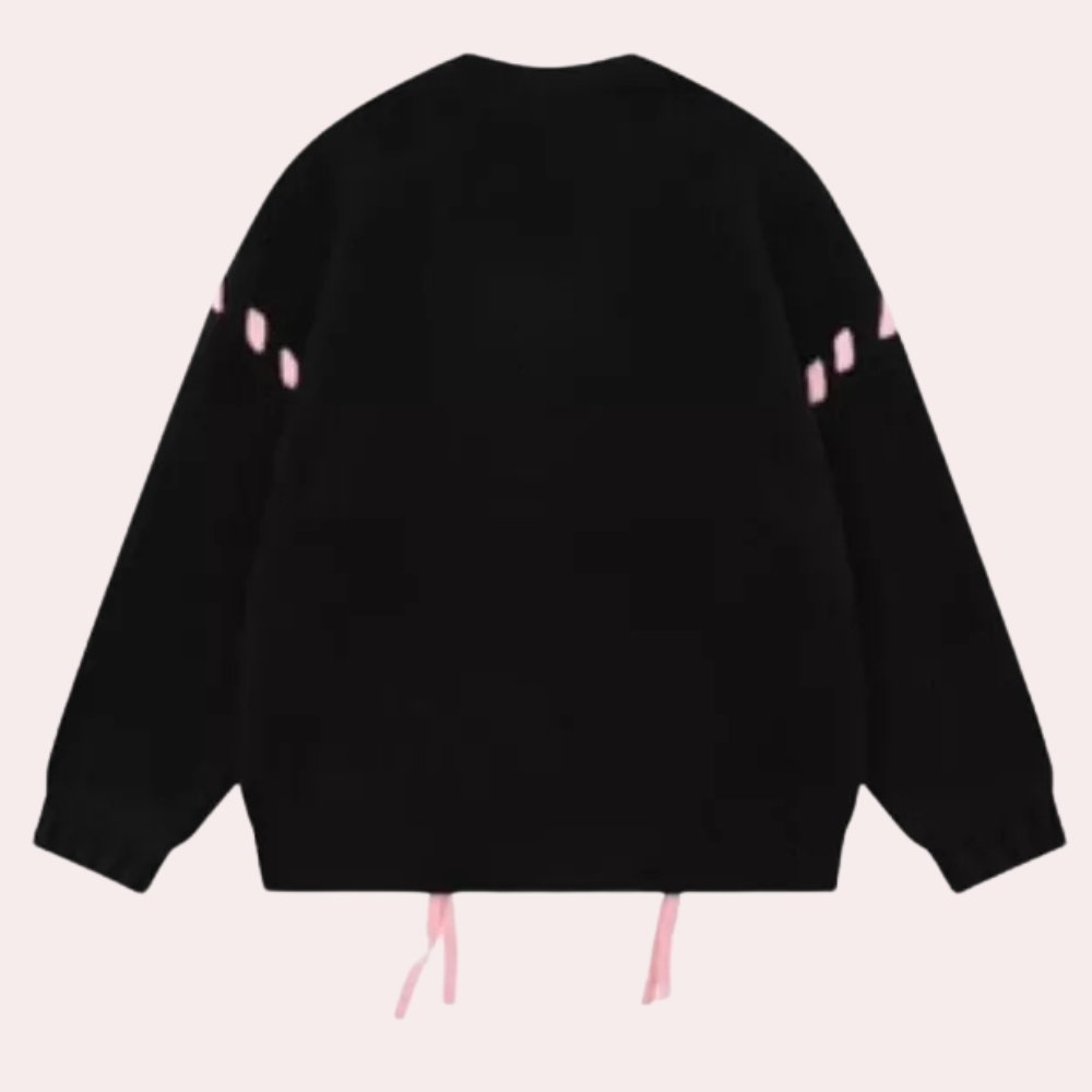 Zwarte trui met roze details, lange mouwen en ronde hals. Modieuze streetwear, unisex design, perfect voor casual outfits en herfstmode.