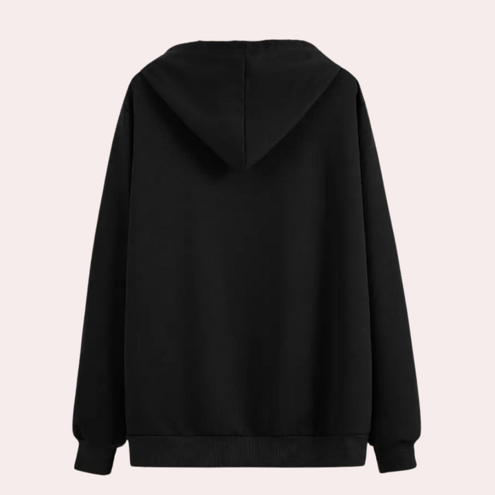 Zwarte hoodie met capuchon, uniseks, achterkant, casual streetwear, comfortabele katoenen stof, ideaal voor herfst en winter, modetrend 2023.