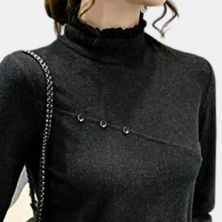 Zwarte coltrui dames met knopen, stijlvolle kettingriem, modieuze herfst- en winterkleding, elegant design, comfortabele pasvorm.