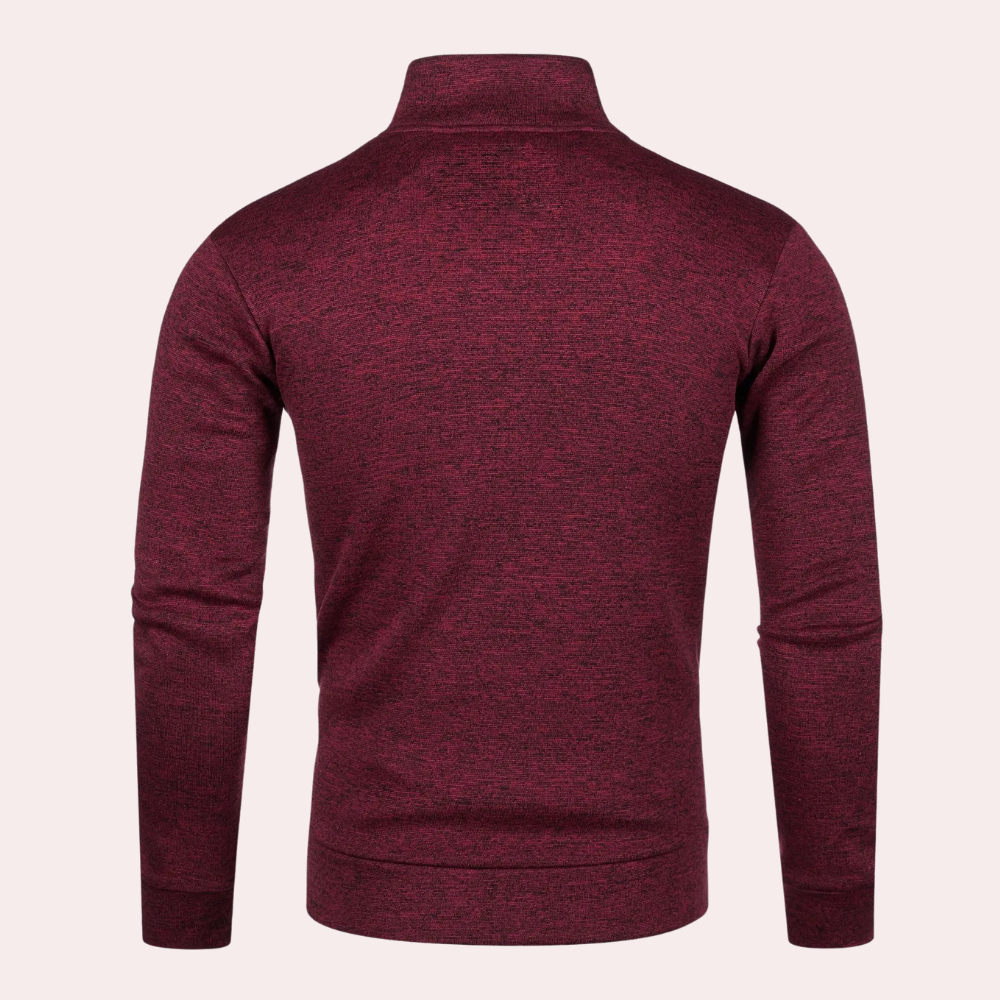 Bordeauxrode heren trui met lange mouwen en opstaande kraag, gemaakt van zachte stof. Ideaal voor casual en formele gelegenheden.