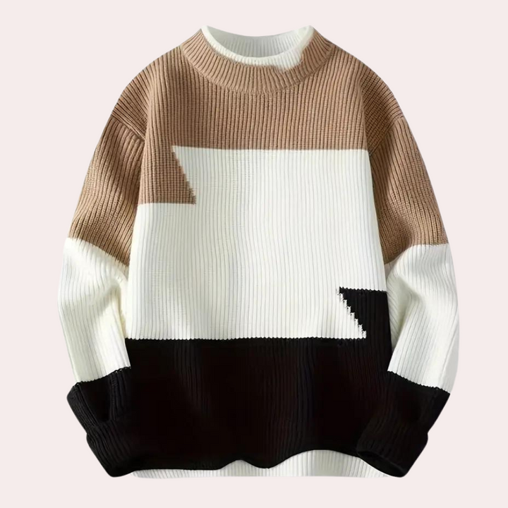 Bruine, witte en zwarte geometrische trui voor heren, gebreid met lange mouwen. Moderne herentrui, wintermode, casual stijl.