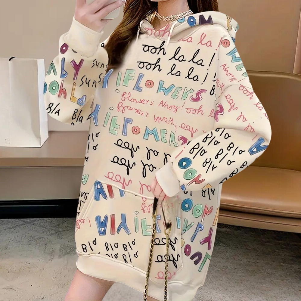 Dames oversized hoodie met kleurrijke letters en patronen, casual mode, comfortabele katoenen stof, trendy streetwear, herfst-winter kleding.