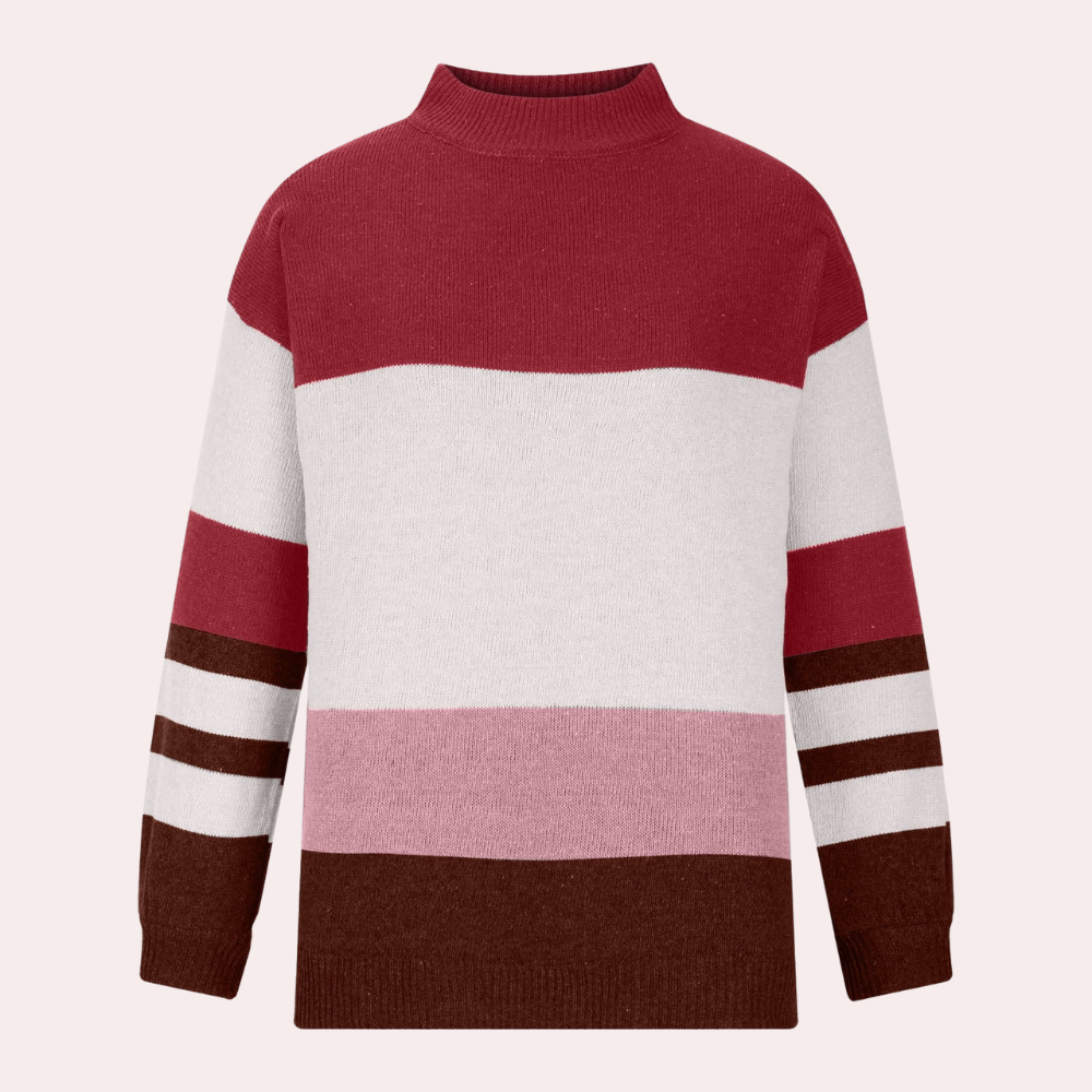 Rood-wit-roze gestreepte trui met hoge hals, lange mouwen en bruine accenten. Modieuze dameskleding, warme wintertrui, casual stijl.