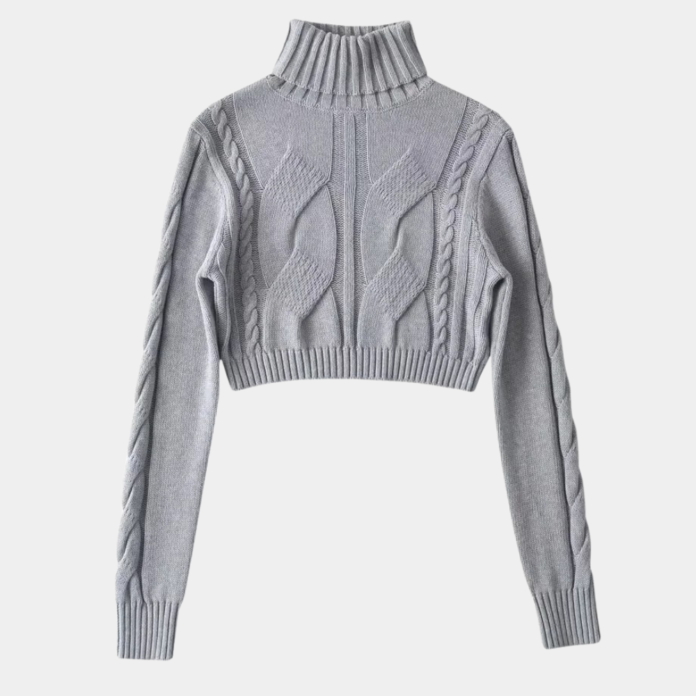 Grijze gebreide coltrui dames, kabelpatroon, lange mouwen, cropped design, wintermode, warme trui, stijlvolle kleding, casual outfit.