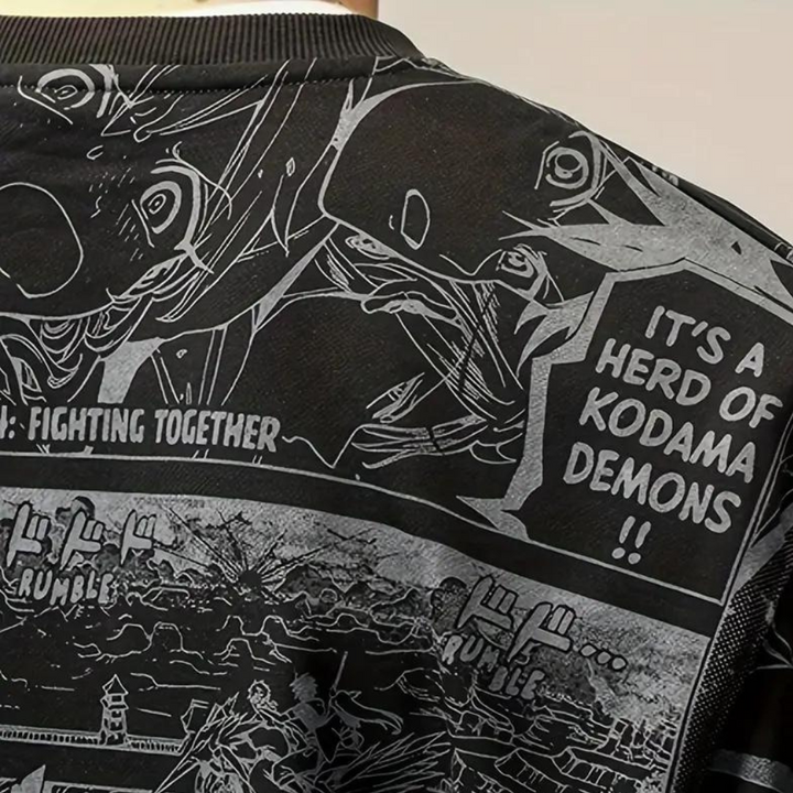 Zwart-wit anime T-shirt met gedetailleerde manga-illustraties en tekstballon "It's a herd of Kodama demons". Perfect voor anime en manga fans.